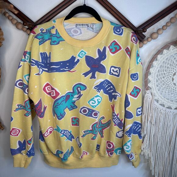 Vintage Sweaters - Vintage Retrospective Yellow Abstract Aboriginal Art Pattern Crewneck